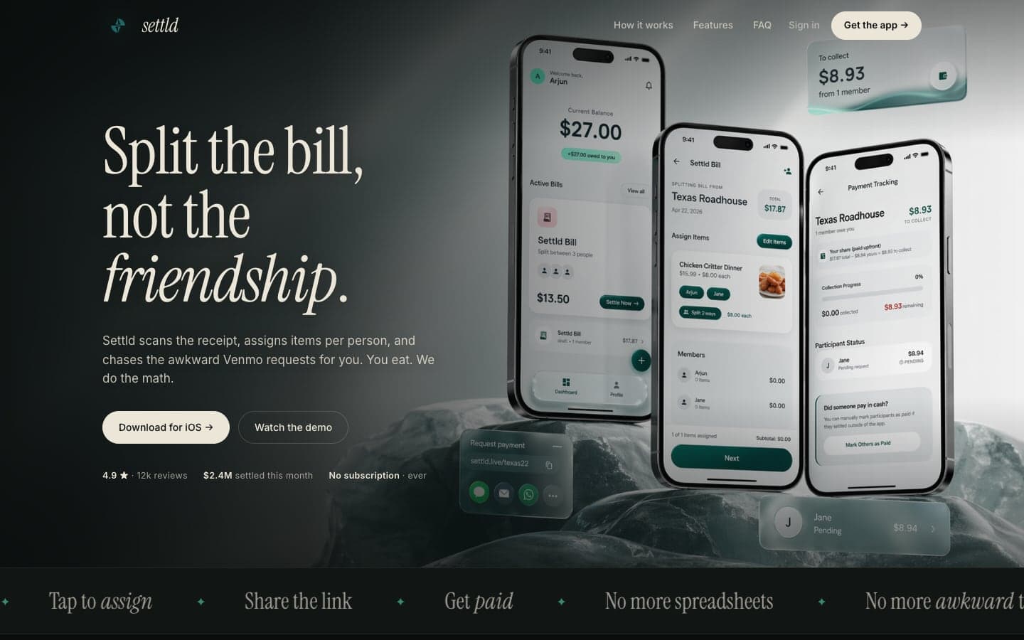 Settld's public website: “Split the bill, not the friendship.” beside three phone screens showing a scanned receipt, item assignment and payment tracking